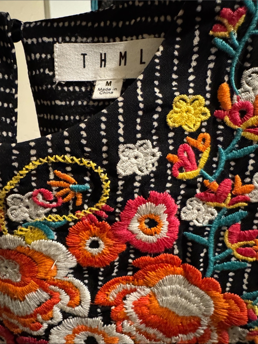 THML Black Pinafore Mini Dress with Multicolor Floral Embroidery - Picture 2 of 4
